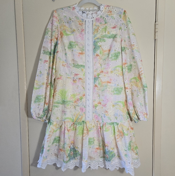 Pastel Floral Eyelet Lace Coquette Cottagecore  Drop Waist Mini Dress Size M? - Picture 3 of 12